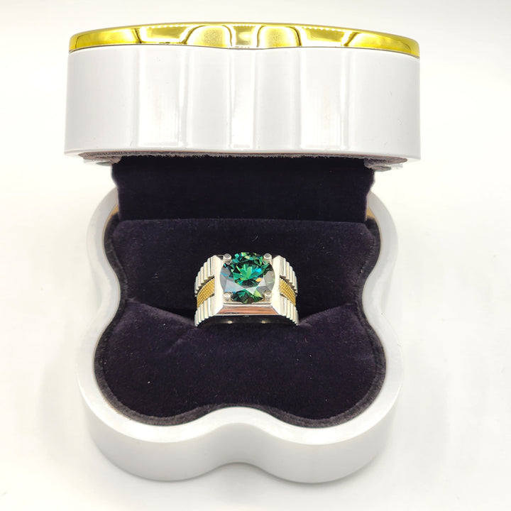 Green Aurora – Certified Round Green Moissanite Diamond Ring with D Color VVS1 Accents in 925 Silver - Al-Riaz Jewellers