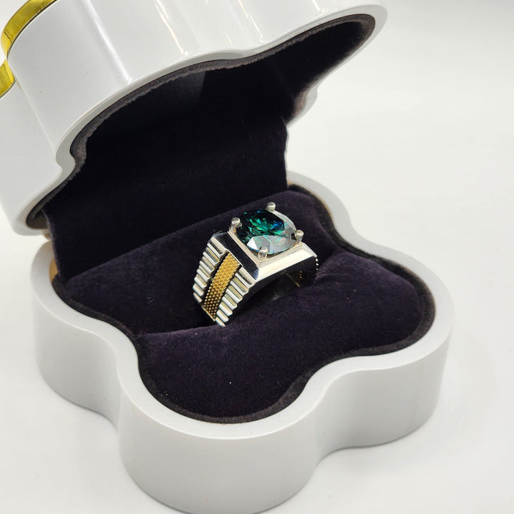 Green Aurora – Certified Round Green Moissanite Diamond Ring with D Color VVS1 Accents in 925 Silver - Al-Riaz Jewellers